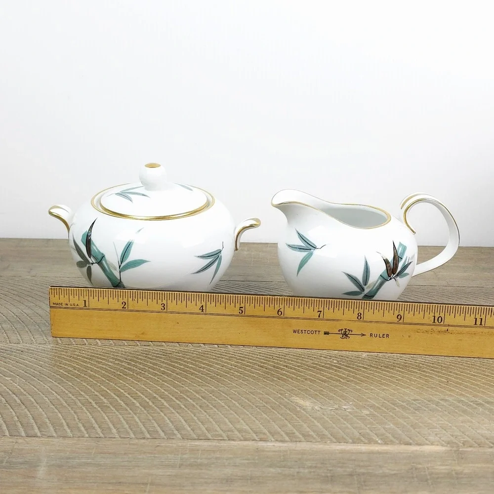 Noritake China 5540 Sugar Bowl‎ and Creamer Teal Bamboo Black Gold Leaves